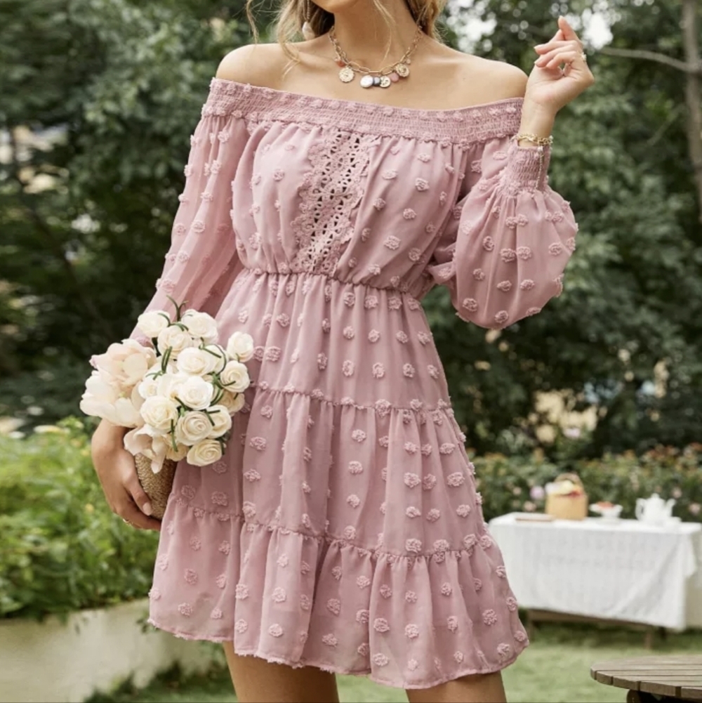 Romantic Blush Off-Shoulder Mini Dress with Textured Dots